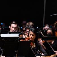 photo of violin faculty member Letitia Jap playing with the violin section